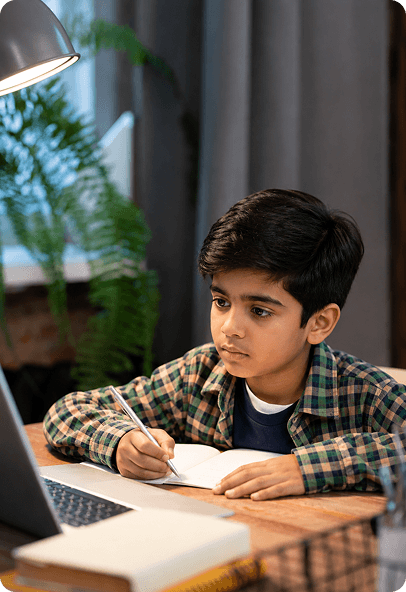 Young boy studying at laptop